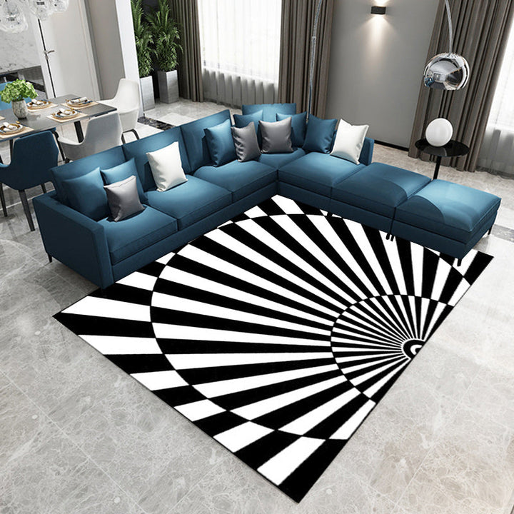 BowLift | Novelty Living Room Rug in Black and White 3D Half Circle Stripe Print Rug Polyester Pet Friendly Washable Area Rug