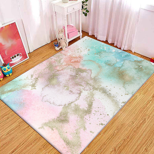 Modern living room rug in pink and blue abstract spray print rug polyester washable non-slip floor rug | Bowlift