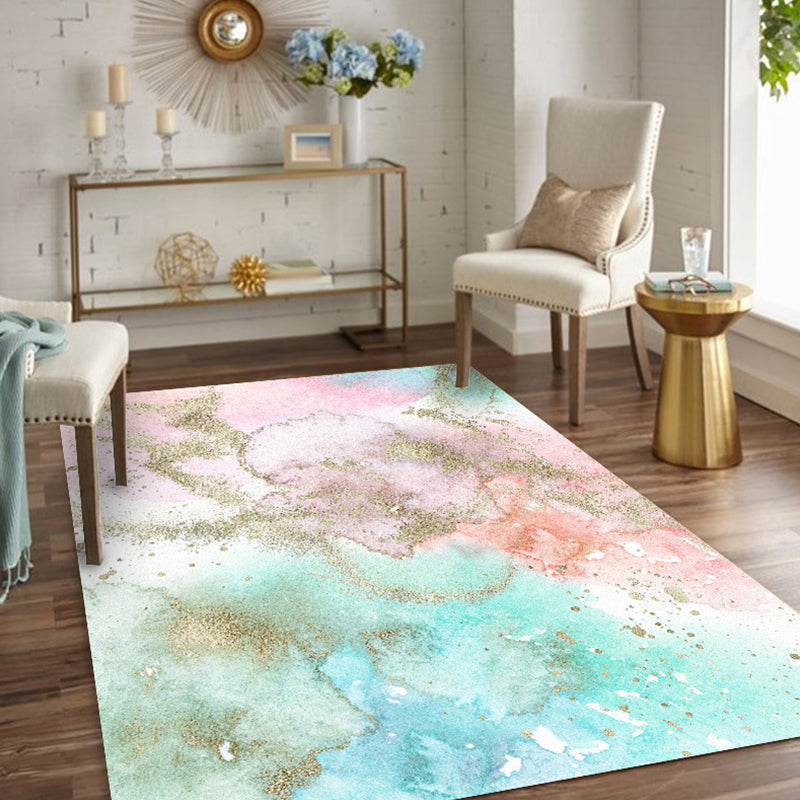 Modern living room rug in pink and blue abstract spray print rug polyester washable non-slip floor rug | Bowlift