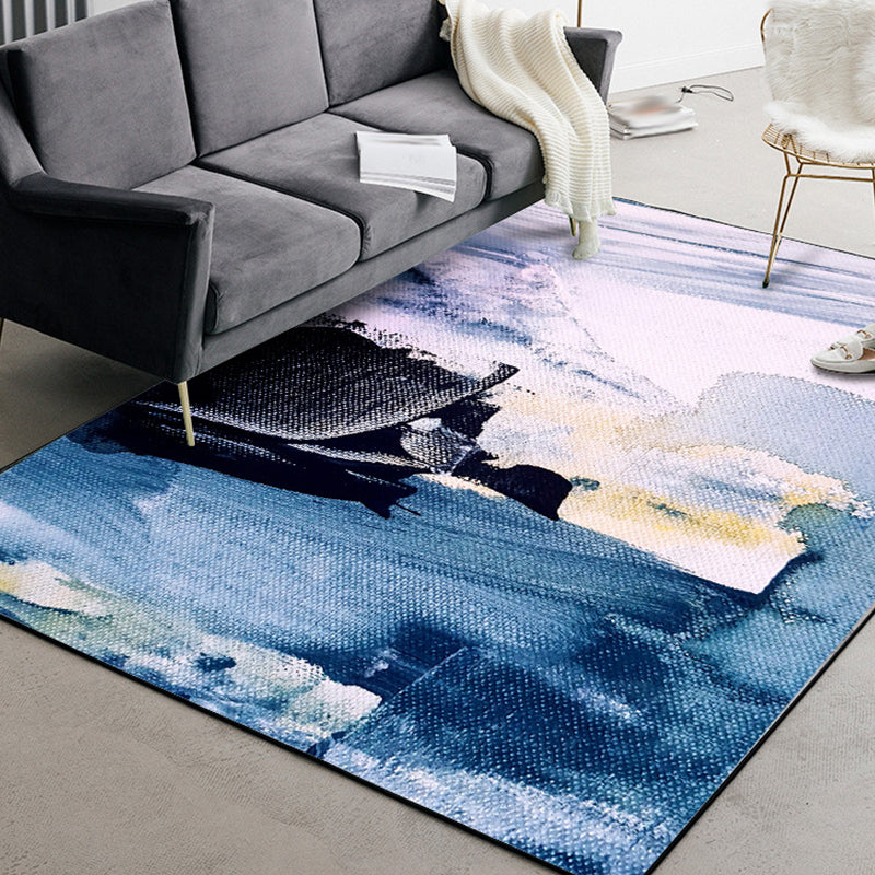 Blue Bedroom Carpet Modern Abstract Ink Painting Pattern Area Rug Polyester Non-Slip Machine Washable Rug | Bowlift