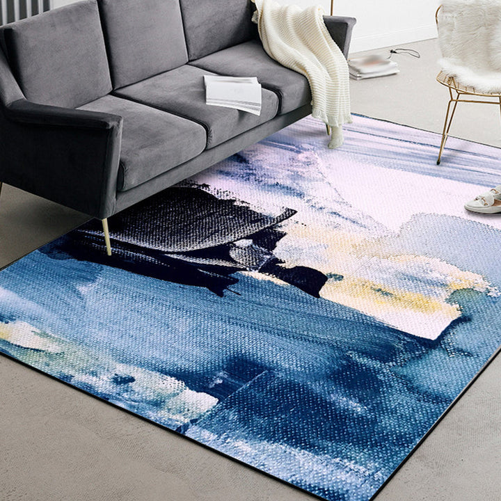 Blue Bedroom Carpet Modern Abstract Ink Painting Pattern Area Rug Polyester Non-Slip Machine Washable Rug | Bowlift