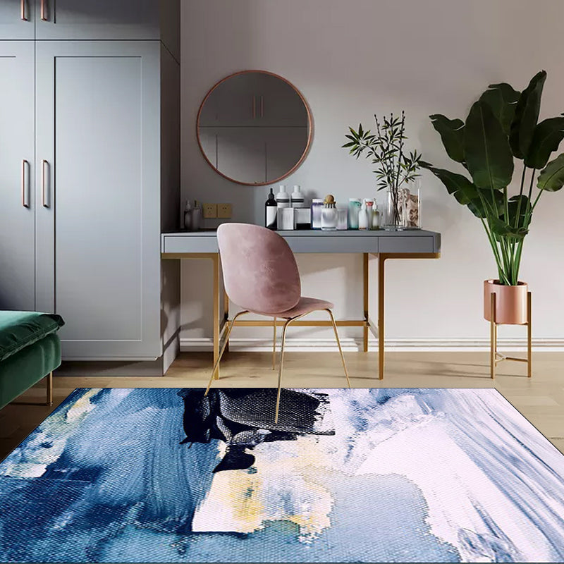 Blue Bedroom Carpet Modern Abstract Ink Painting Pattern Area Rug Polyester Non-Slip Machine Washable Rug | Bowlift