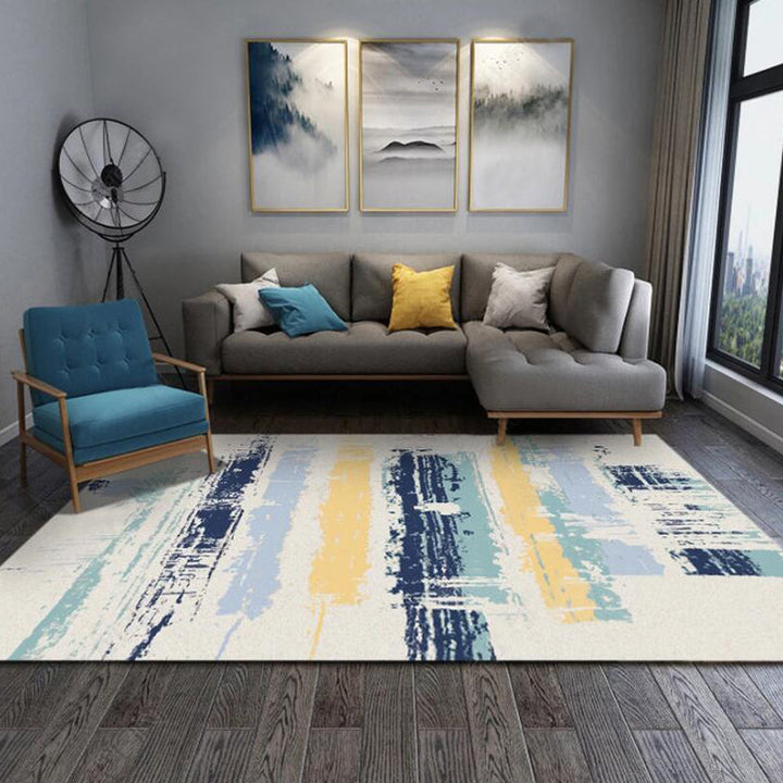 Ivory Bedroom Rug Modern Abstract Ink Painting Pattern Rug Polyester Machine Washable Pet-Friendly Rug | Bowlift
