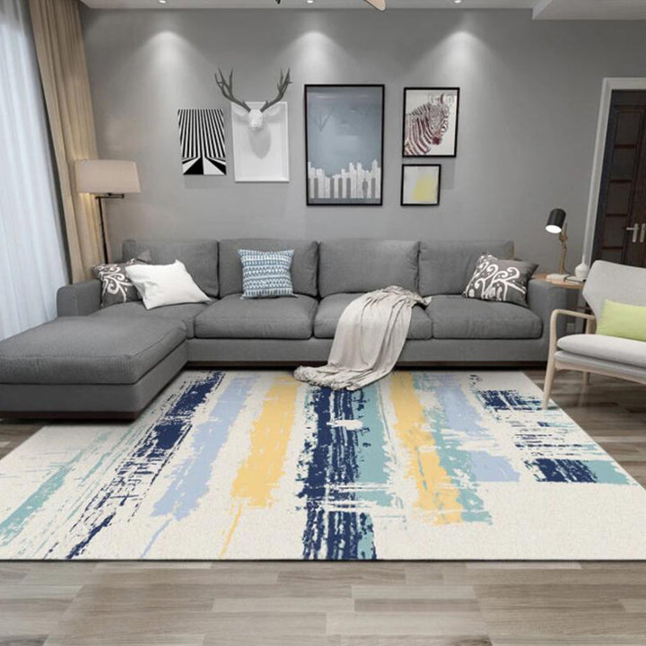Ivory Bedroom Rug Modern Abstract Ink Painting Pattern Rug Polyester Machine Washable Pet-Friendly Rug | Bowlift