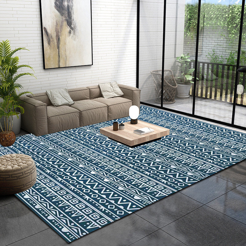 BowLift | American Southwestern rug in blue stripes, Greek key, wave pattern, rug, polyester, washable rug for home decor