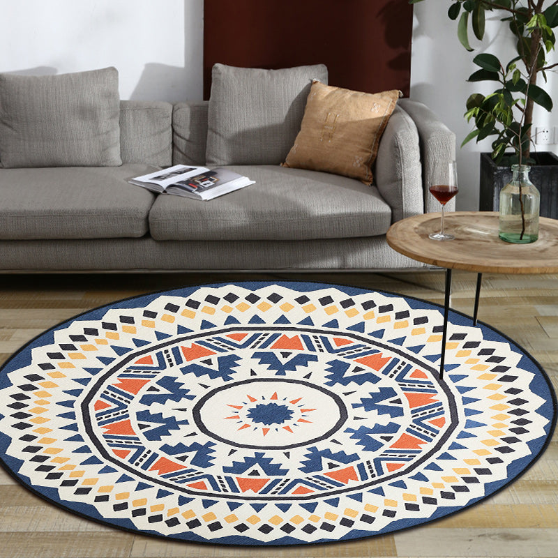 BowLift | Southwest Living Area Rug in Ivory Circle Diamond Triangle Print Rug Polyester Washable Non-Slip Rug