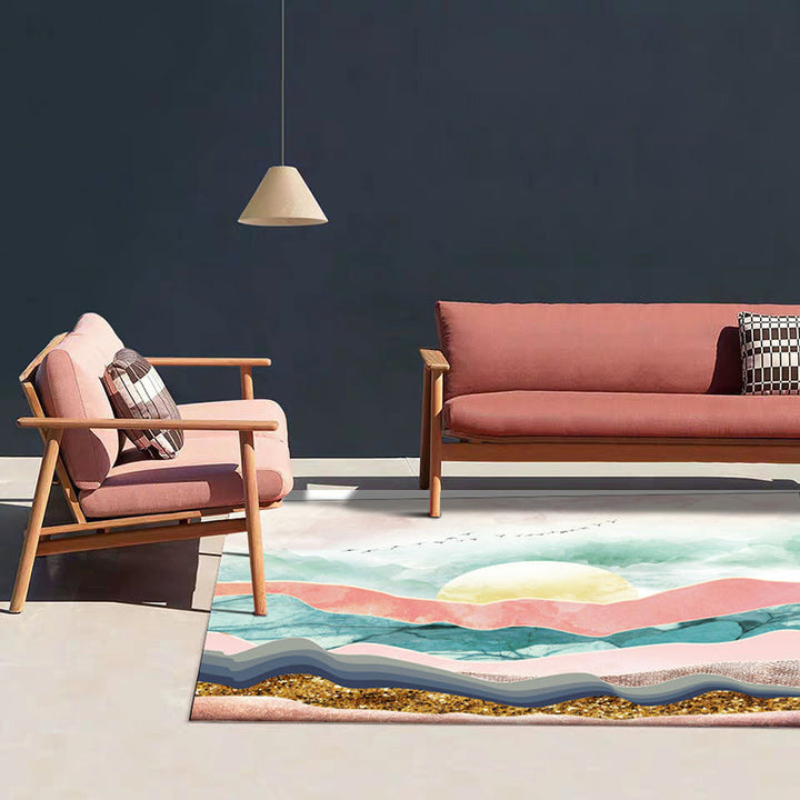 BowLift | Novelty Living Room Carpet Colorful Mountain Sun Bird Print Carpet Polyester Pet Friendly Stain Resistant Area Rug