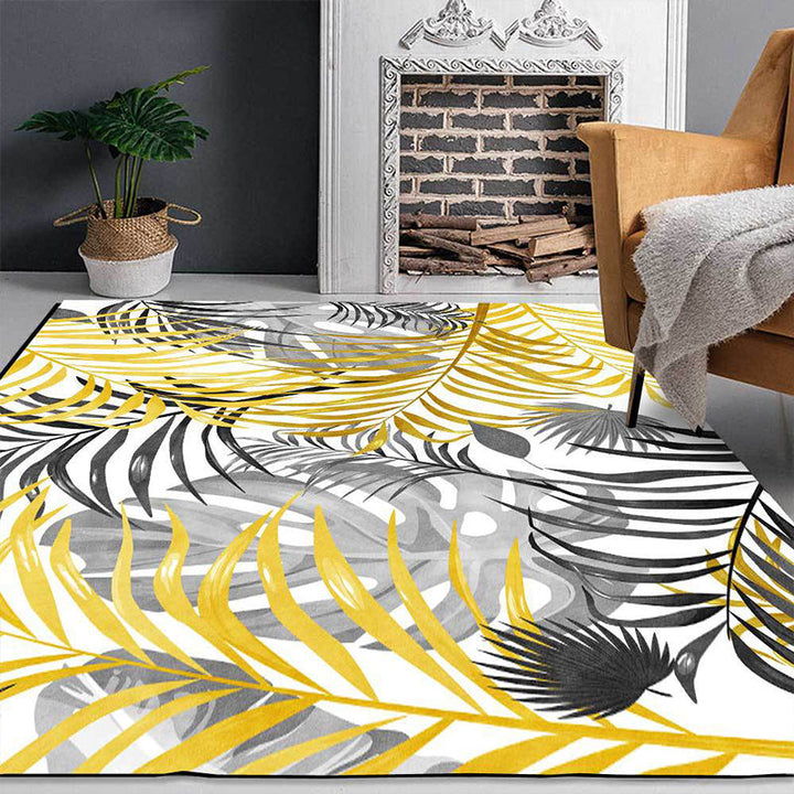 BowLift | Yellow and White Casual Carpet Polyester Leaf Print Carpet Washable Non-Slip Backing Rug for Living Room
