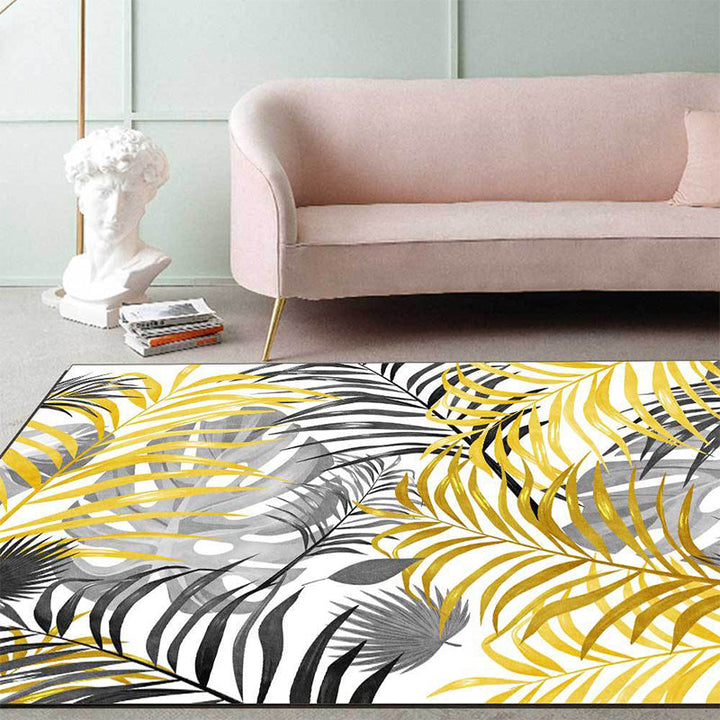 BowLift | Yellow and White Casual Carpet Polyester Leaf Print Carpet Washable Non-Slip Backing Rug for Living Room