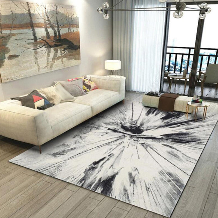 Modern living room rug in white Abstract ink painting print rug Polyester Washable Non-slip backing rug | Bowlift