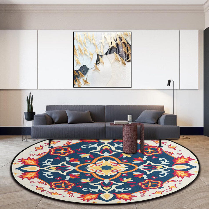 Moroccan living room rug in blue floral pattern print rug polyester machine washable rug | Bowlift