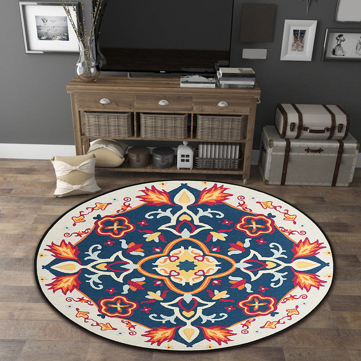 Moroccan living room rug in blue floral pattern print rug polyester machine washable rug | Bowlift