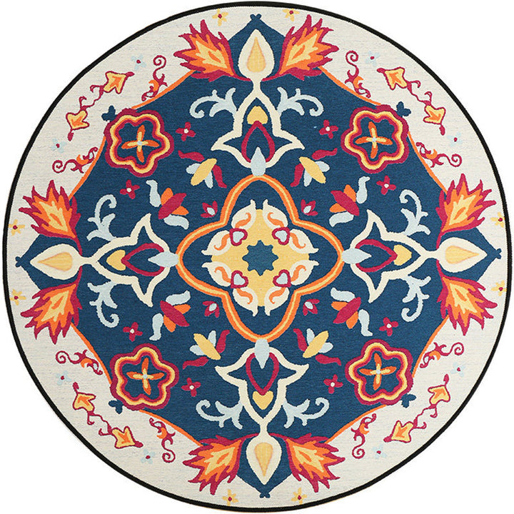 Moroccan living room rug in blue floral pattern print rug polyester machine washable rug | Bowlift