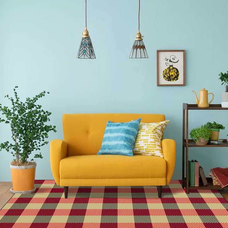 Red and Brown Bedroom Rug Modern Checkered Striped Design Rug Polyester Stain Resistant Machine Washable Rug | Bowlift