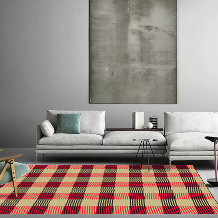 Red and Brown Bedroom Rug Modern Checkered Striped Design Rug Polyester Stain Resistant Machine Washable Rug | Bowlift