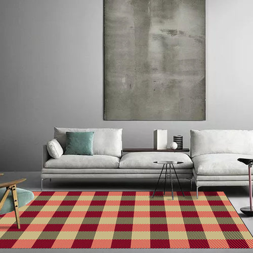 Red and Brown Bedroom Rug Modern Checkered Striped Design Rug Polyester Stain Resistant Machine Washable Rug | Bowlift
