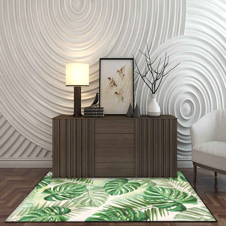 BowLift | Funky Botanical Pattern Rug with Leaf Green Tropical Rug Polyester Washable Non-Slip Background Rug for Living Room