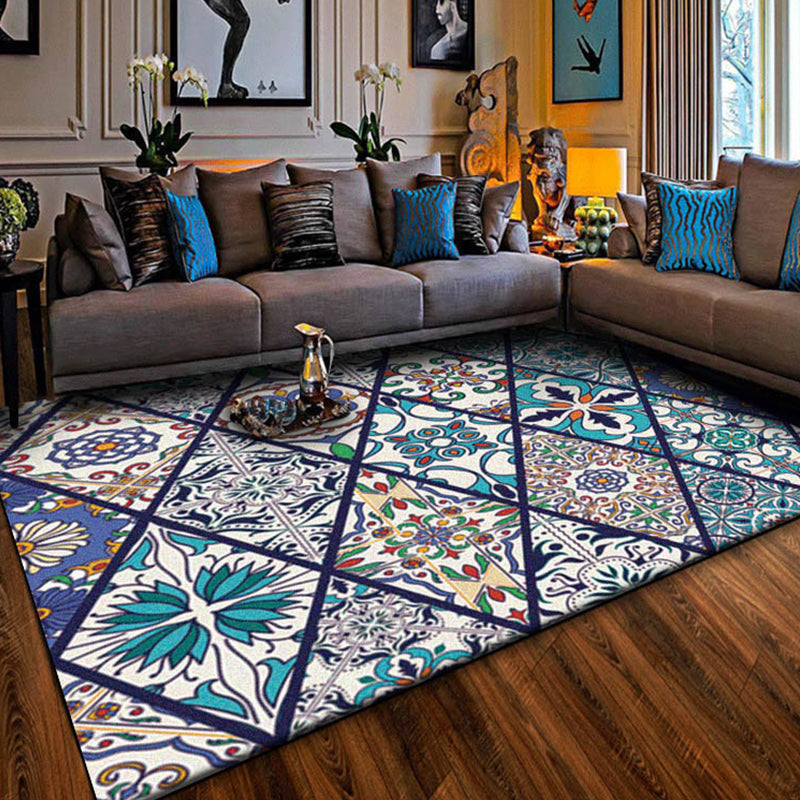 BowLift | American Moroccan rug in blue diamond flower pattern rug polyester non-slip washable rug for home decor