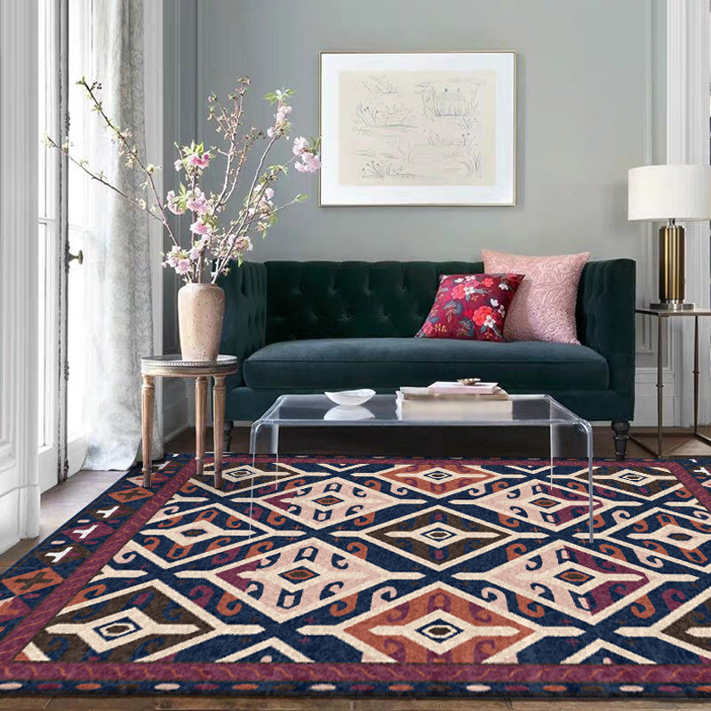 BowLift | Moroccan Living Room Rug in Blue and Red Diamond Triangle Print Carpet Polyester Washable Non-Slip Area Rug