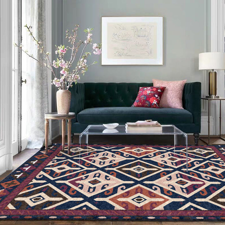 BowLift | Moroccan Living Room Rug in Blue and Red Diamond Triangle Print Carpet Polyester Washable Non-Slip Area Rug