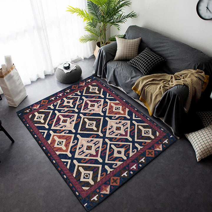 BowLift | Moroccan Living Room Rug in Blue and Red Diamond Triangle Print Carpet Polyester Washable Non-Slip Area Rug