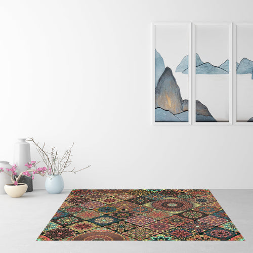 BowLift | Moroccan Living Room Carpet with Brown Flower Diamond Print Carpet Polyester Non-slip Back Stain-resistant Carpet