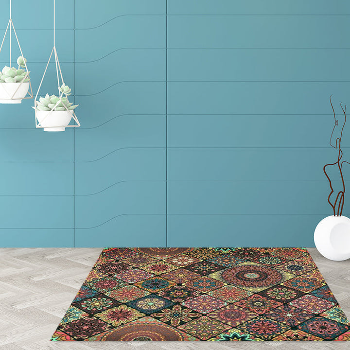 BowLift | Moroccan Living Room Carpet with Brown Flower Diamond Print Carpet Polyester Non-slip Back Stain-resistant Carpet