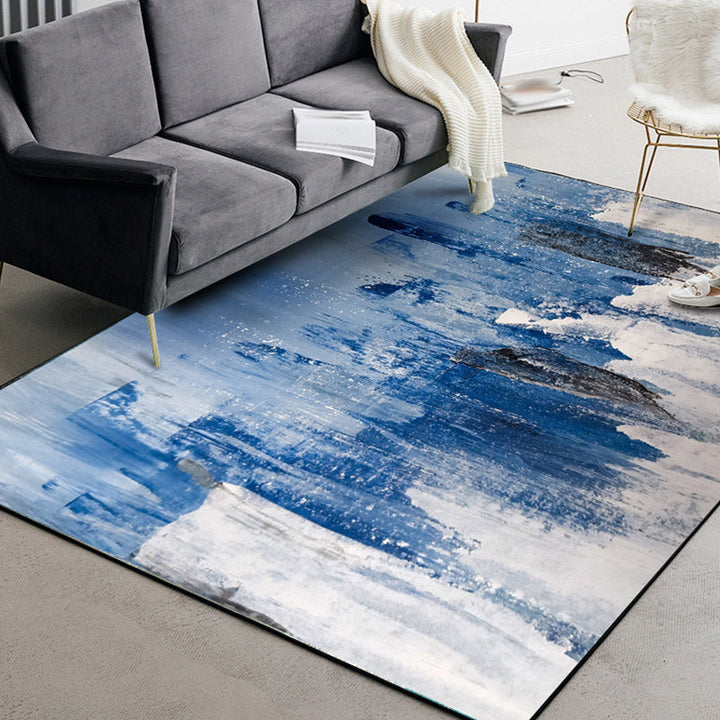 Blue Bedroom Rug Modern Abstract Paint Pattern Area Rug Polyester Stain Resistant Washable Rug | Bowlift
