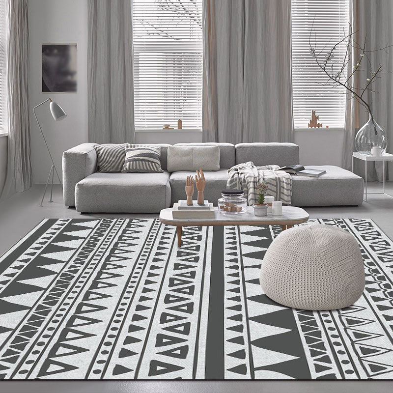BowLift | Gray and Black Bedroom Rug Southwest Stripes Dots Triangle Pattern Area Rug Polyester Non-Slip Back Rug