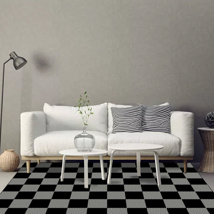 Black and Gray Bedroom Carpet Modern Checkered Pattern Carpet Polyester Washable Pet-Friendly Carpet | Bowlift