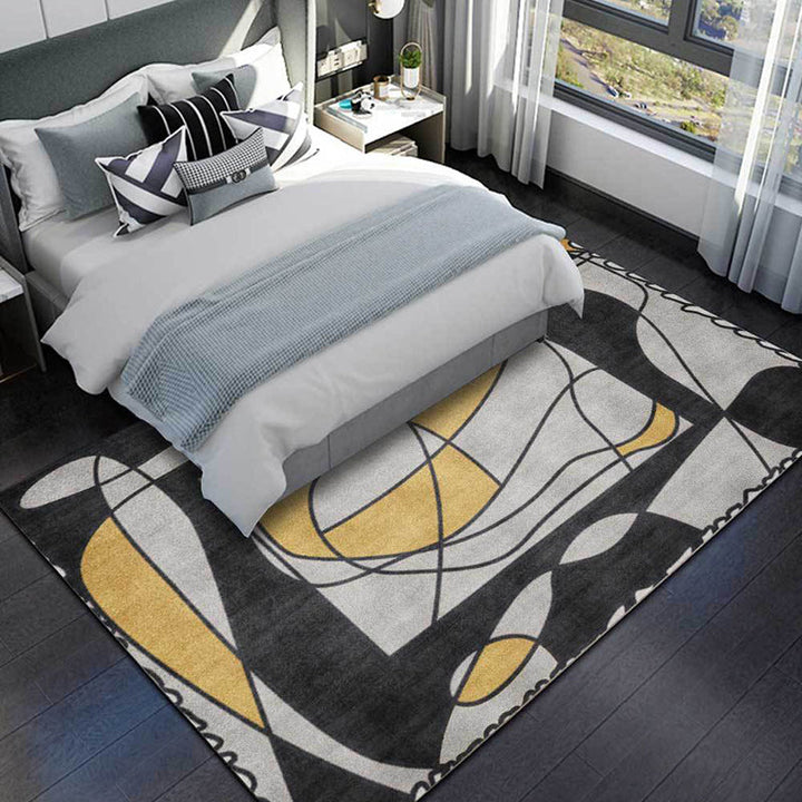 BowLift | Novelty Living Room Rug in Gray Colorblock Line Print Rug Polyester Machine Washable Area Rug