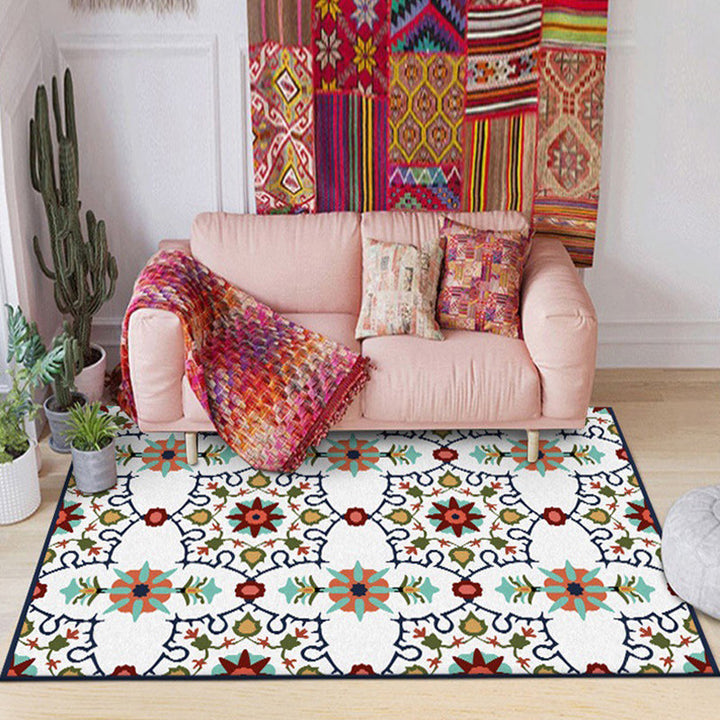 Moroccan living room rug in white floral print rug polyester stain-resistant non-slip rug | Bowlift