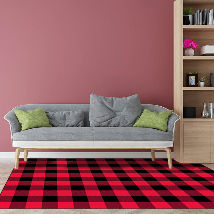 Modern living room rug in red check pattern Rug Polyester Stain resistant Washable rug for the area | Bowlift