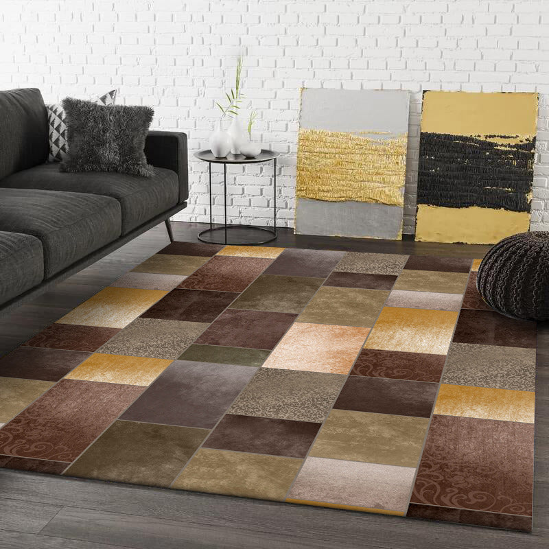 BowLift | Novelty living room rug in brown color block rectangle print rug polyester pet-friendly machine washable rug