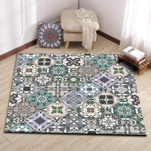 Retro Moroccan rug in green geometric floral pattern rug polyester non-slip washable rug for home decor | Bowlift