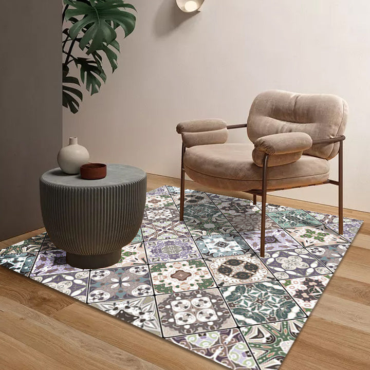 BowLift | Retro Moroccan rug in green geometric floral pattern rug Polyester non-slip washable rug for home decor