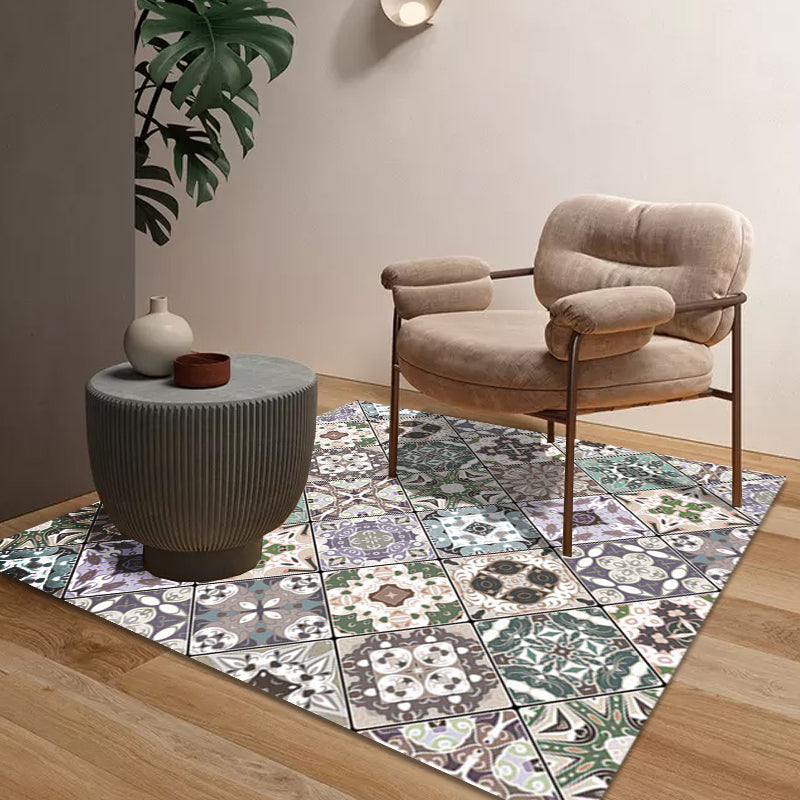 Retro Moroccan rug in green geometric floral pattern rug polyester non-slip washable rug for home decor | Bowlift