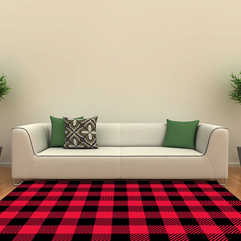 Casual modern rug in red checkered stripe pattern Rug polyester pet-friendly non-slip rug for home decor | Bowlift