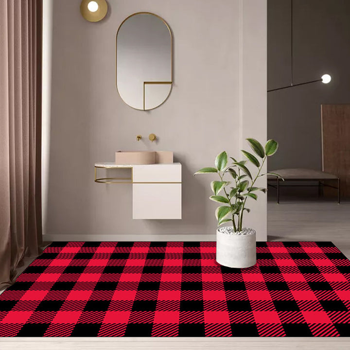 Casual modern rug in red checkered stripe pattern Rug polyester pet-friendly non-slip rug for home decor | Bowlift