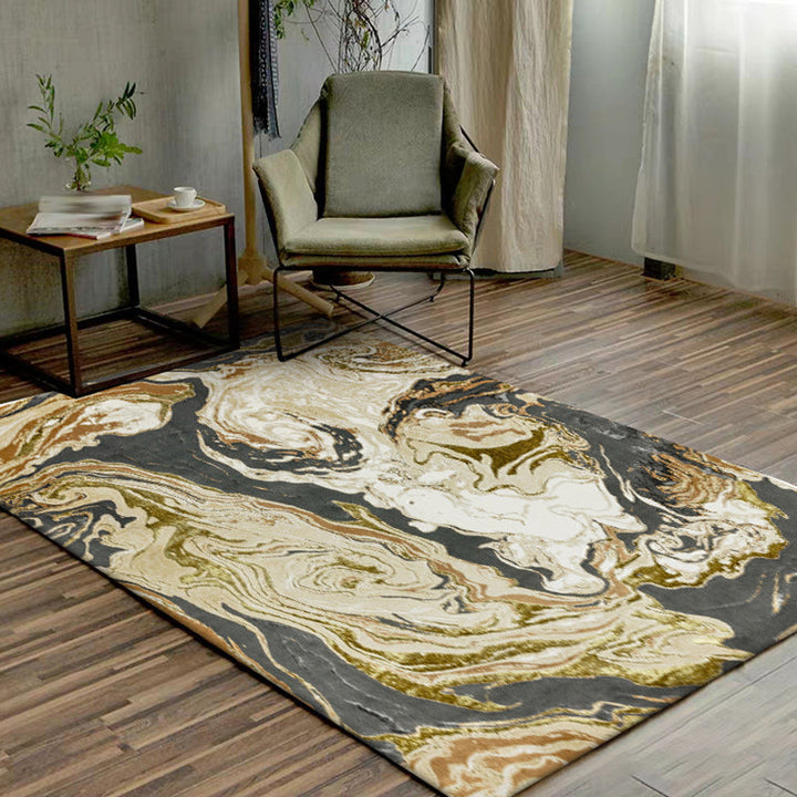 Modern living room rug in gold abstract oil painting print rug polyester washable dirt-repellent rug | Bowlift