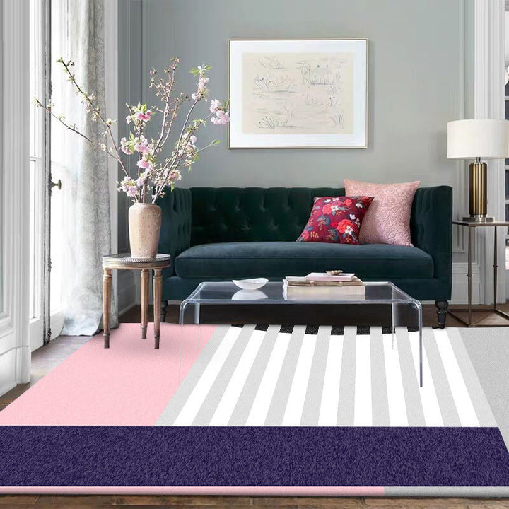 Modern color block striped print rug pink and multicolor polyester rug machine washable non-slip rug for bedroom | Bowlift