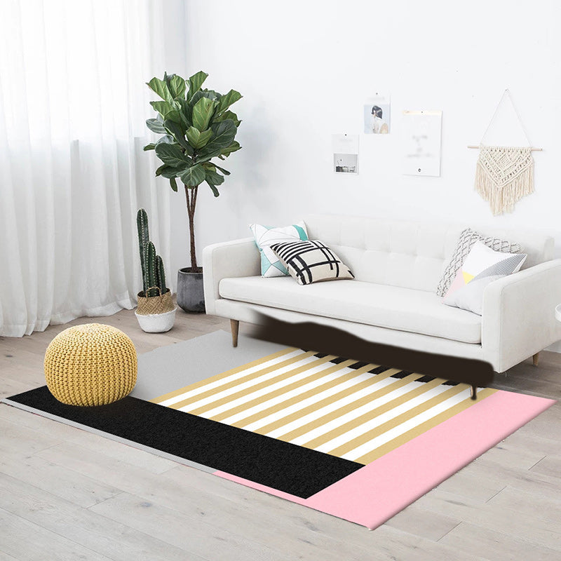 Modern color block striped print rug pink and multicolor polyester rug machine washable non-slip rug for bedroom | Bowlift