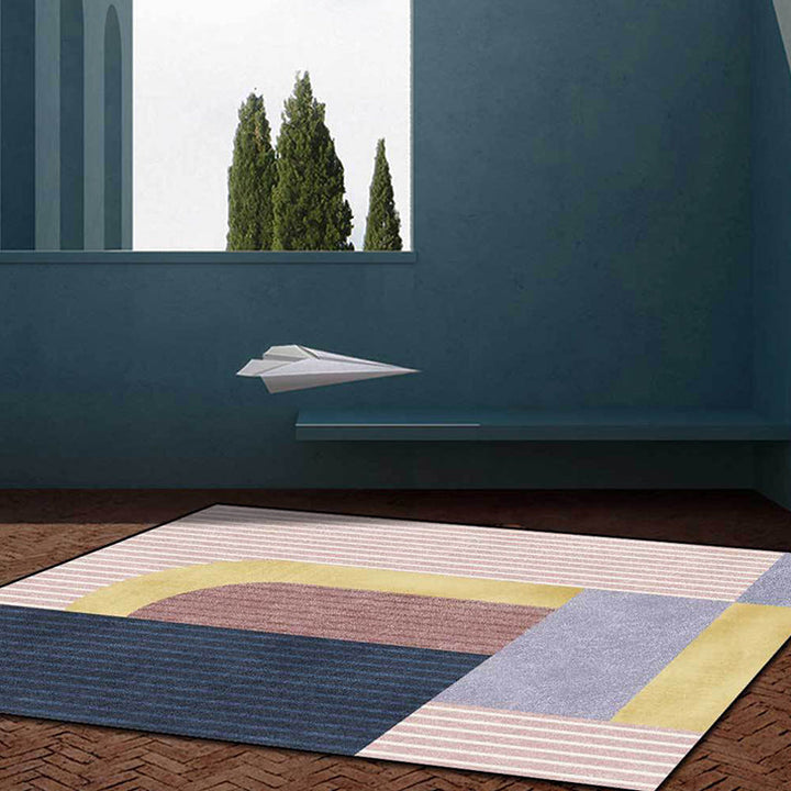Pink Multicolor Contemporary Rug Polyester Color Block Striped Pattern Rug Machine Washable Non-Slip Rug for the Living Room | Bowlift