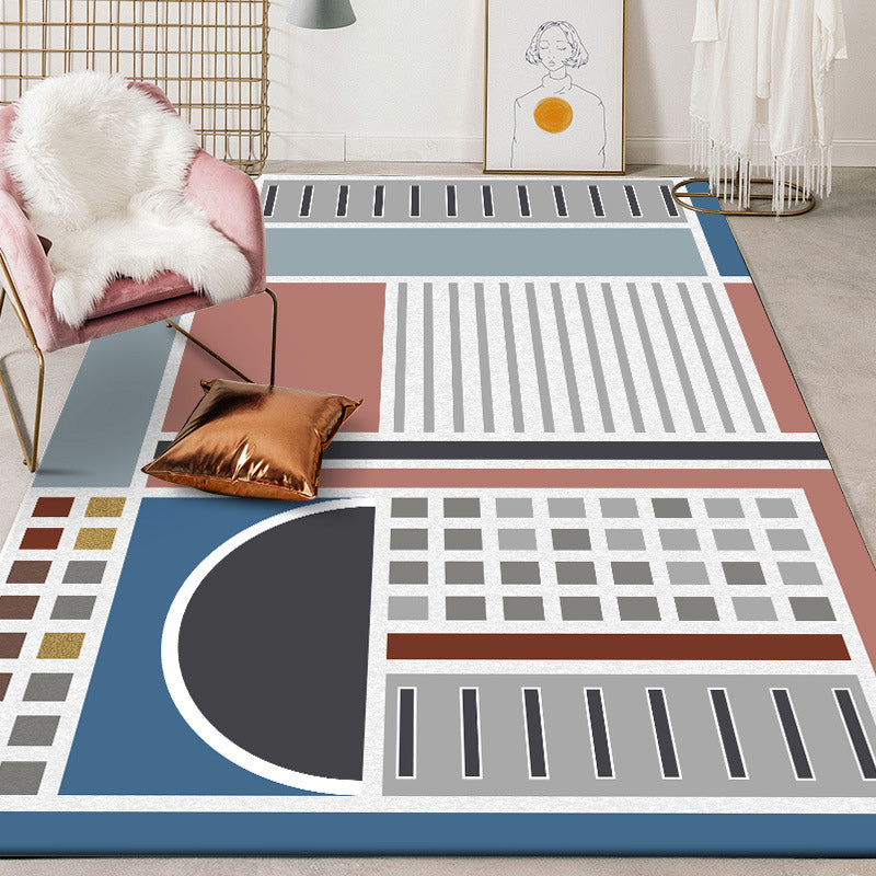 Stylish Checkered Stripe Pattern Carpet Blue Multicolor Modern Carpet Polyester Washable Non-Slip Back Area Rug for Living Room | Bowlift