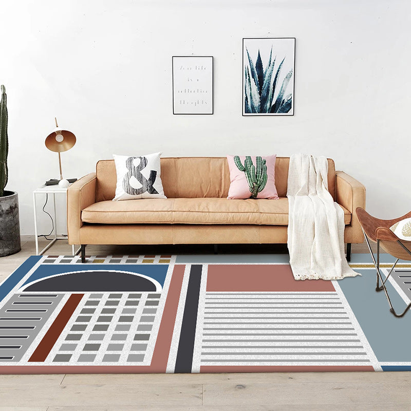 Stylish Checkered Stripe Pattern Carpet Blue Multicolor Modern Carpet Polyester Washable Non-Slip Back Area Rug for Living Room | Bowlift