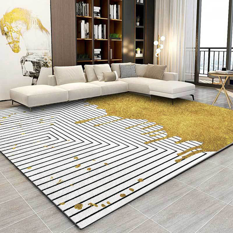 Modern color block striped printed carpet white and gold polyester rug machine washable non-slip rug for the bedroom | Bowlift