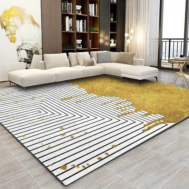 Modern color block striped printed carpet white and gold polyester rug machine washable non-slip rug for the bedroom | Bowlift