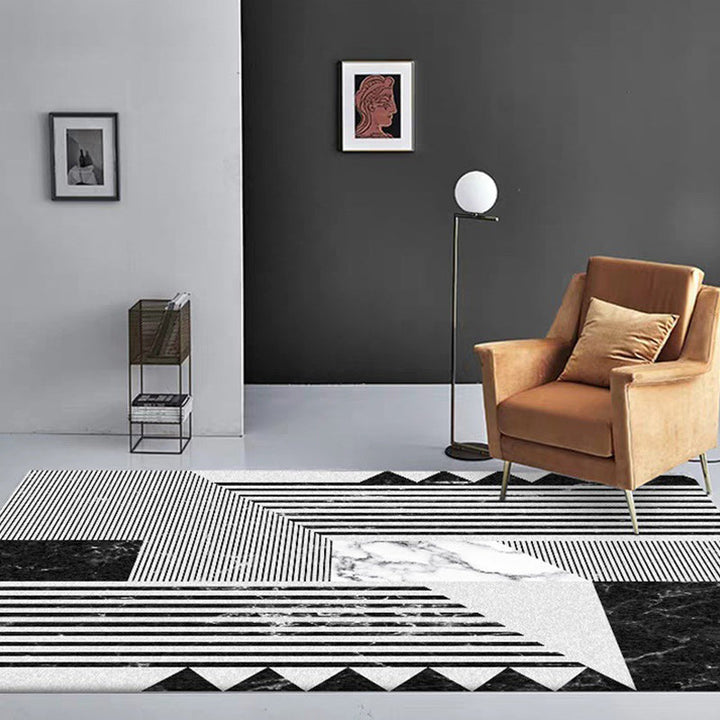 Gray and Black Leisure Carpet Polyester Striped Marble Surface Pattern Carpet Washable Non-Slip Underlay Carpet for Bedroom | Bowlift