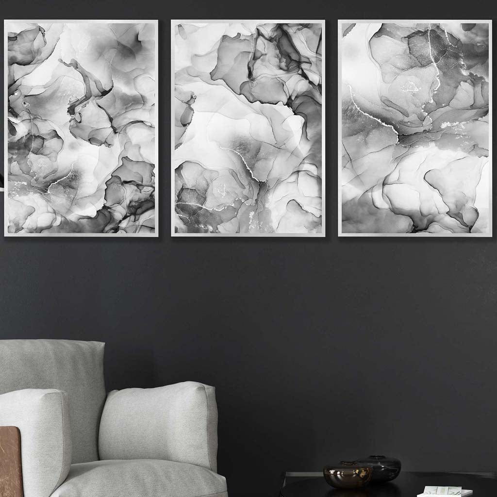 Abstract floral liquid in gray set of 3 wall art prints | Framed | Bowlift