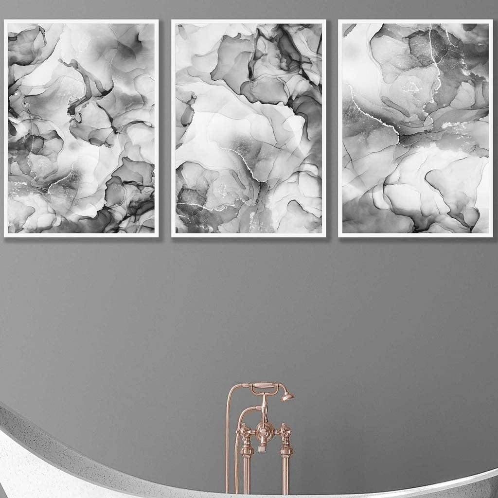 Abstract floral liquid in gray set of 3 wall art prints | Framed | Bowlift